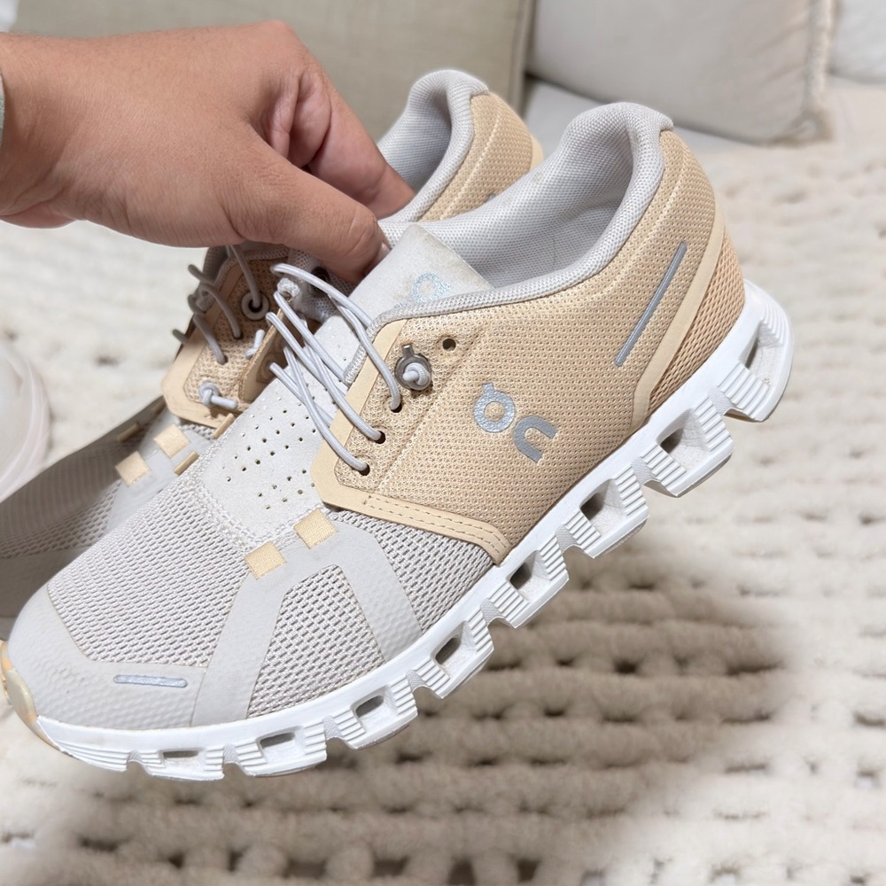 On Running White and Beige Low-Top Trainers
